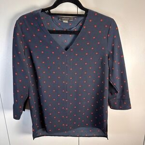 Primark Womens Sz 6 Navy & Red‎ Polka Dot 3/4 Sleeve V-Neck Blouse Classic Fall